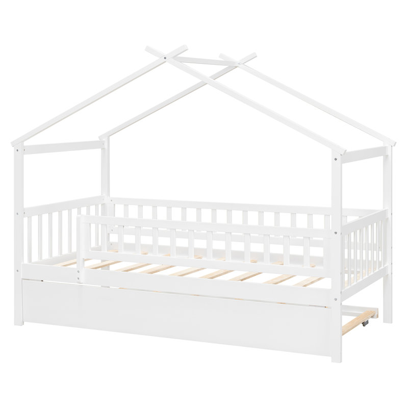 House Style Bed With Built In Trundle, Twin, White