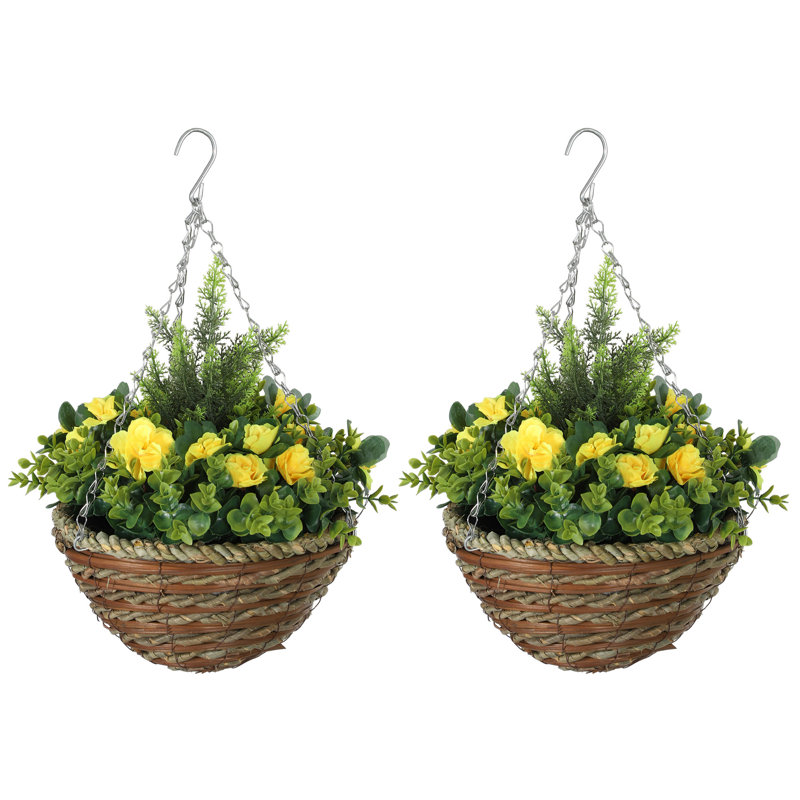Outsunny Pack of 2 Hanging Basket Fake Flowers Realistic PE Rattan, Yellow