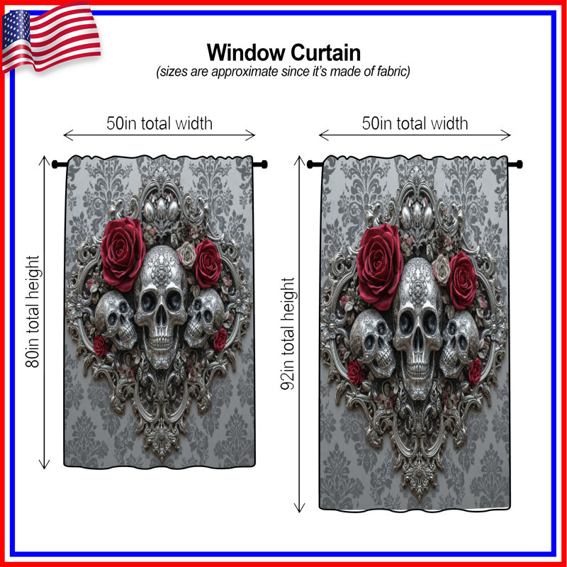 Rideaux ornés de crânes avec roses, 50" x 80" - 1 Panel, Transparent