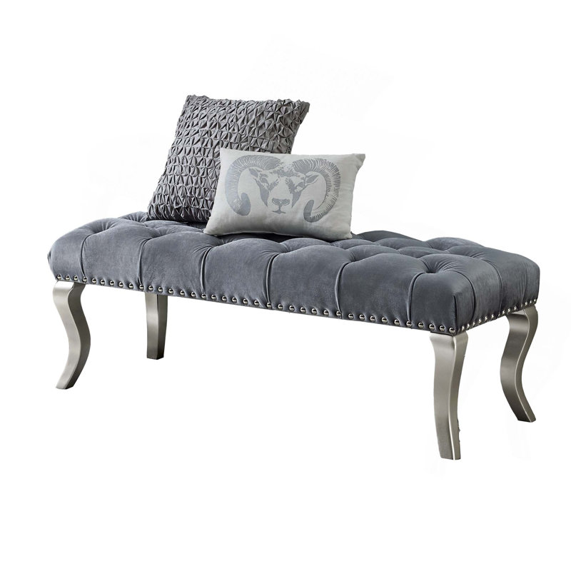 Button Tufted Upholstered Bench Nailhead Trim, Dark Gray