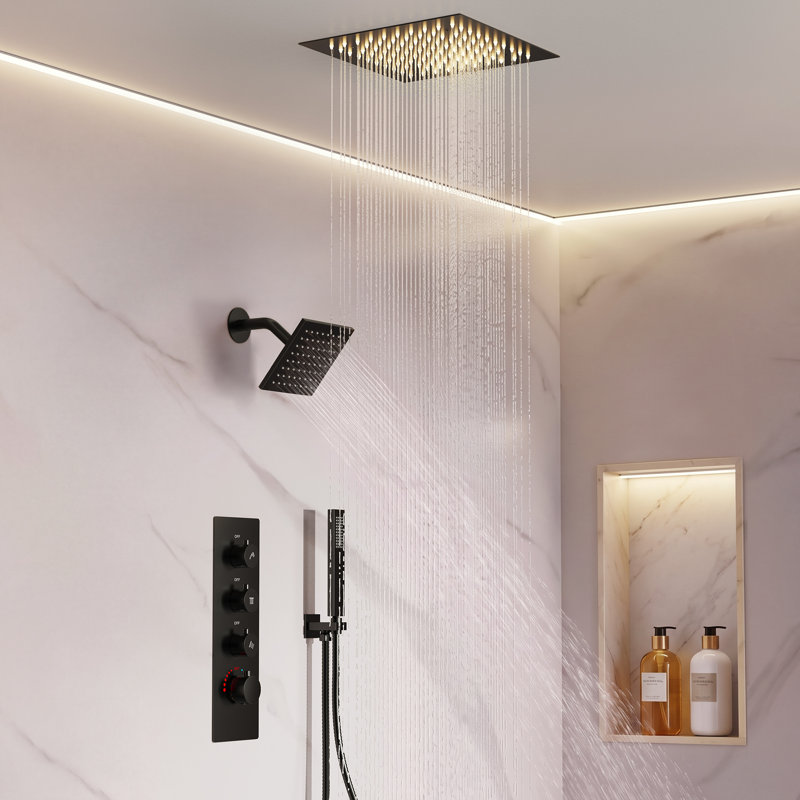 Système de pomme de douche thermostatique double, robinet de pluie à DEL 12 po avec pomme de douche à fixation au plafond et douchette de 6 po