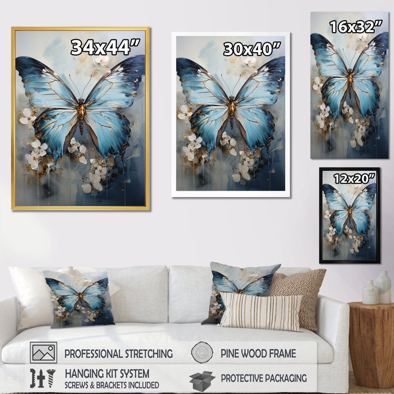 «Butterfly Ethereal Blues Form Abstract Elegance», reproduction sur toile, H 32 po x l 16 po x P 1 po, Toile tendue