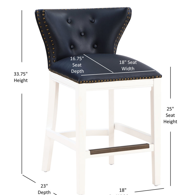 Similicuir bleu foncé, bois blanc, tabouret de comptoir, siège à ressorts à arc, garniture cloutée à la main en laiton antique, dimensions de l'assise, dossier profilé, bois massif, dossier