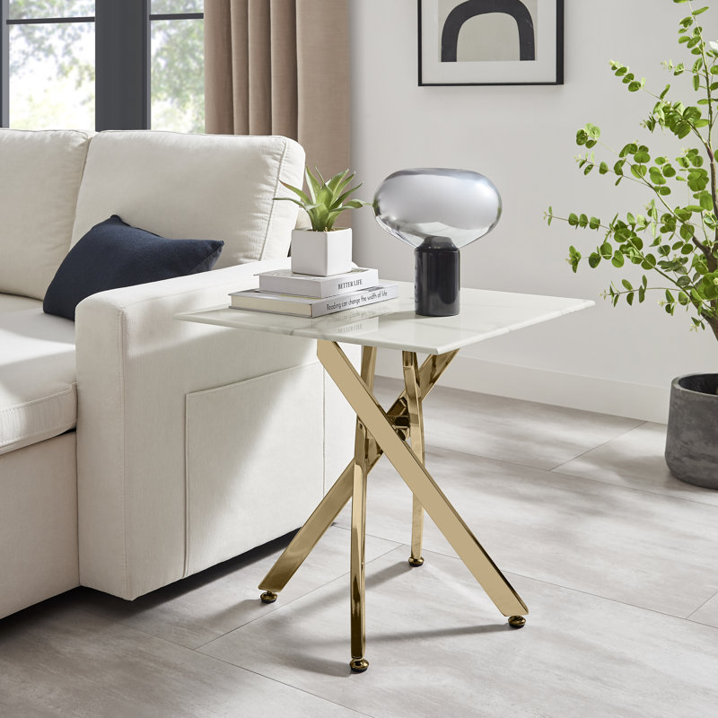 Atal Marble Effect Sofa Side Table - Glass Topped Metal Leg Small Table, Gold Chrome Metal, White Marble Effect
