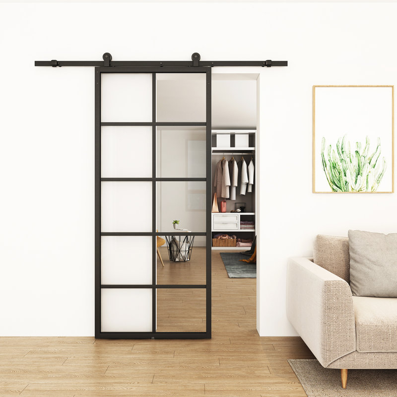 36" x 84" Clear Tempered Glass Sliding Barn Door with Black Aluminum Frame