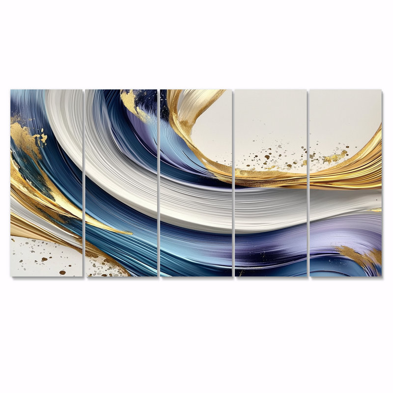 Golden Silence Of Minimal arble Waterfall III - Silence Art - Modern Wall Art Decor Set, 28" H x 60" W, 5
