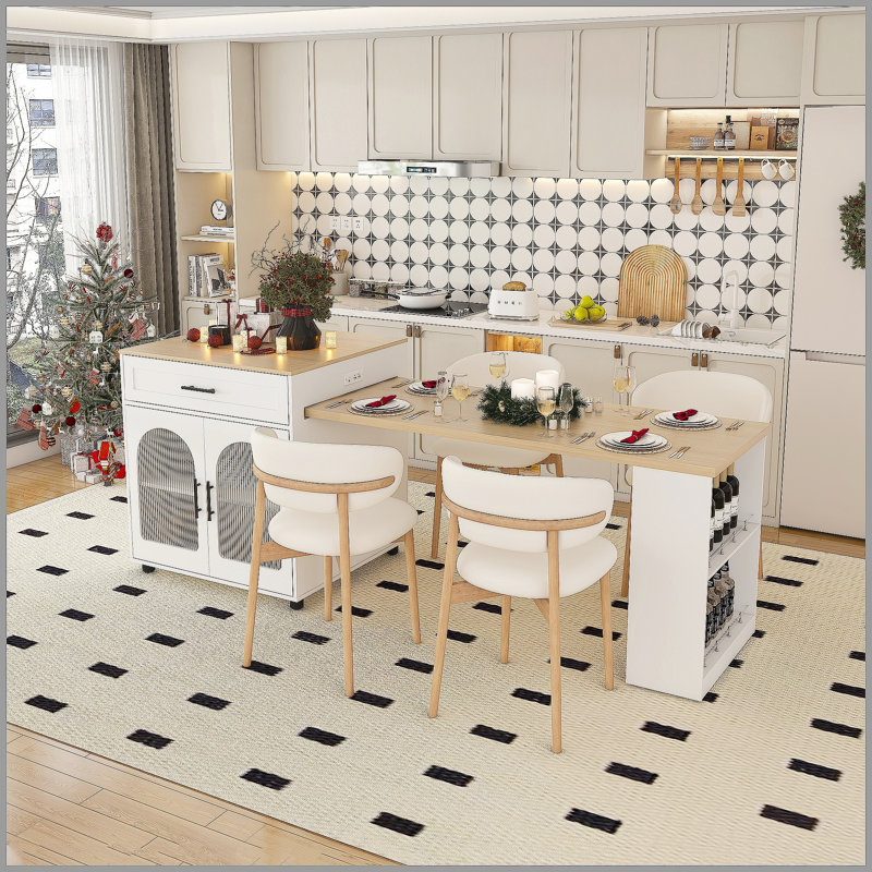 80-Inch Expandable Kitchen Island With Dining Table, Solid Wood Grain Countertop With Power Outlet, Mobile Storage Cart With Cabinet & 2 Drawers, Kitchen Prep Table(White)