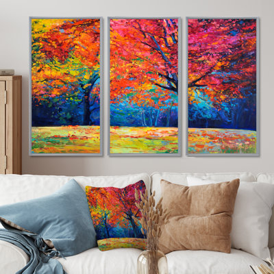 " Vibrant Red Tree In Autumn Landscape " 3 - Pieces