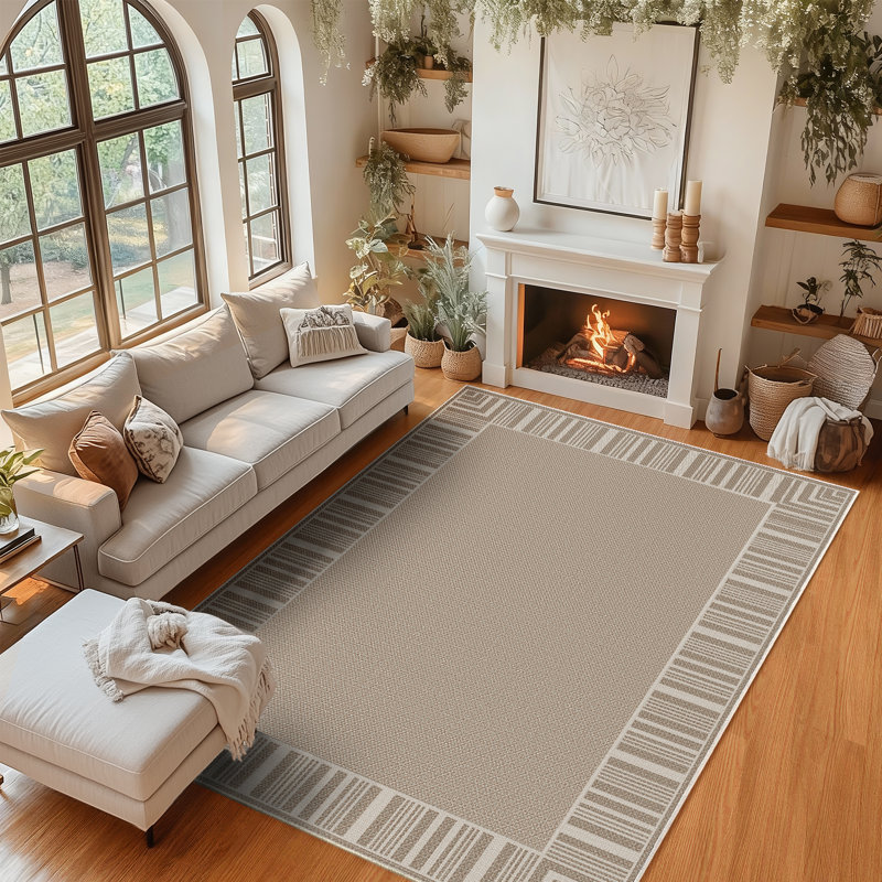Washable Striped Edge Area Rug – Low Pile, Non-Slip Carpet – Mark Resistant, Durable, Modern Design – For Living Room, Dining Room, Patio, Bedroom
