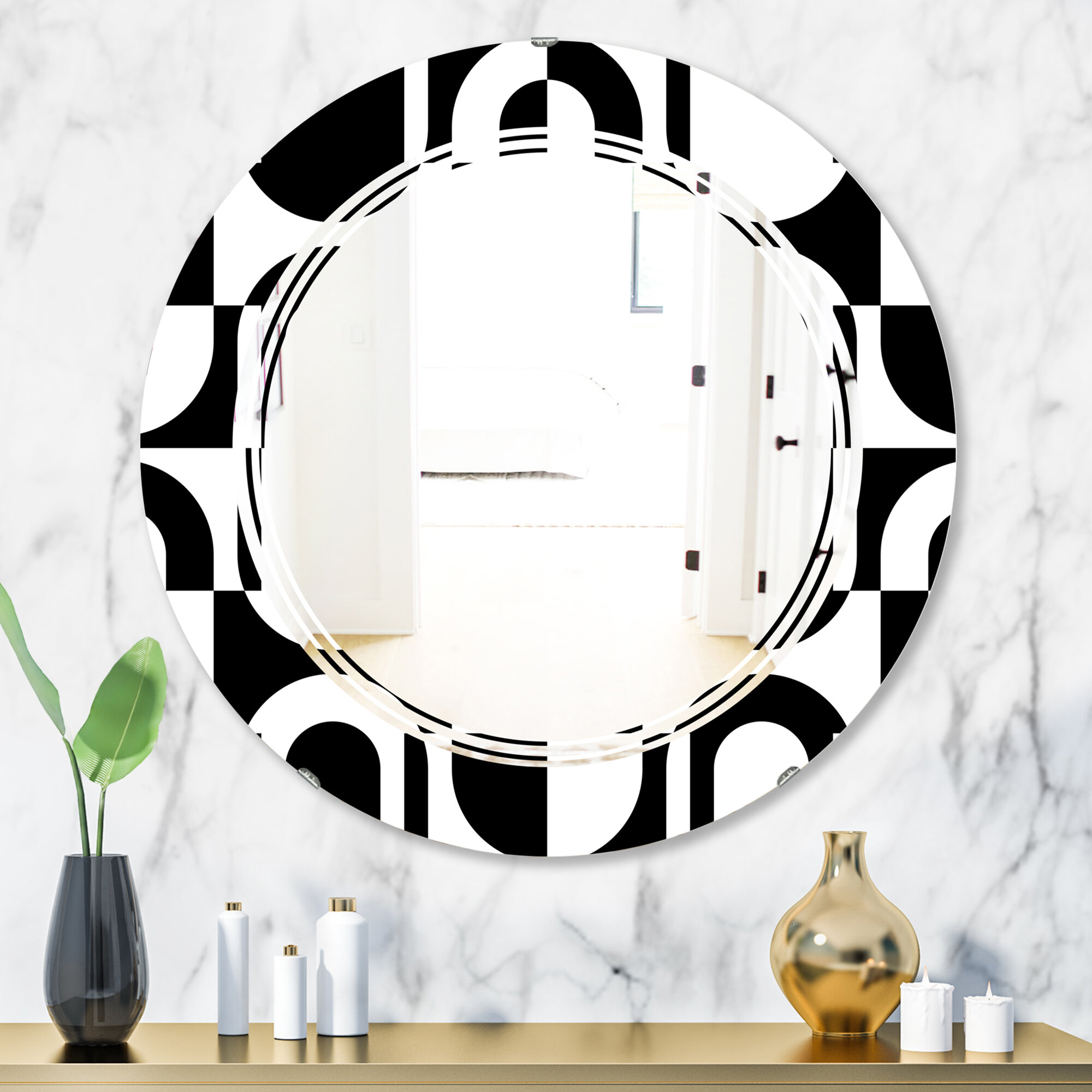 East Urban Home Monochrome Geometric Pattern VIII Flat Wall Mirror ...