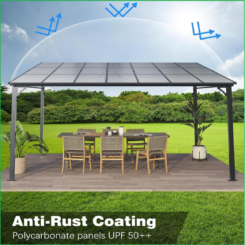 12' x 20' Lean to Gazebo, Hardtop Wall Pergola with Polycarbonate Roof, Aluminum Frame Mounted Gazebo for Lawn Patio Deck Yard and Party