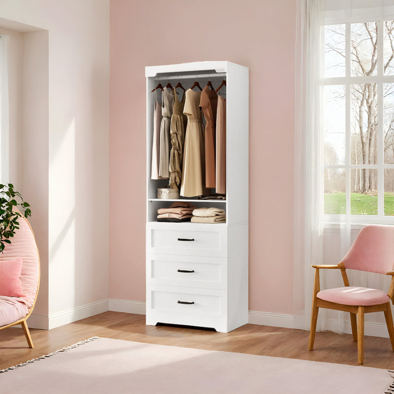 Système de placard autoportant avec 3 tiroirs, armoire penderie avec tablettes réglables et tringle, blanc