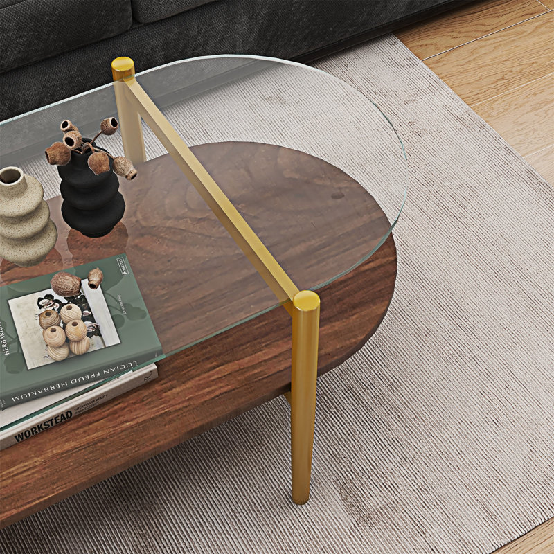Table basse en verre avec tablette, Doré