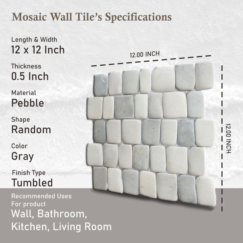 Florida 12" x 12" Natural Stone Random Pebble Mosaic Wall Tile, Cloud