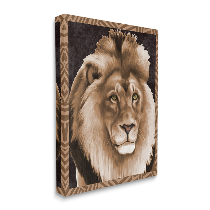 Lion avec bordure géométrique, art mural par Lucca Sheppard, H 40 po x l 30 po
