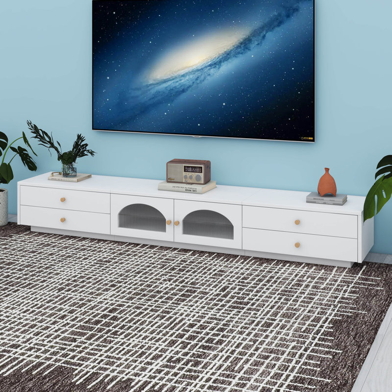 Luxurious TV Stand With Fluted Glass Doors, Tempered Glass Shelf, White