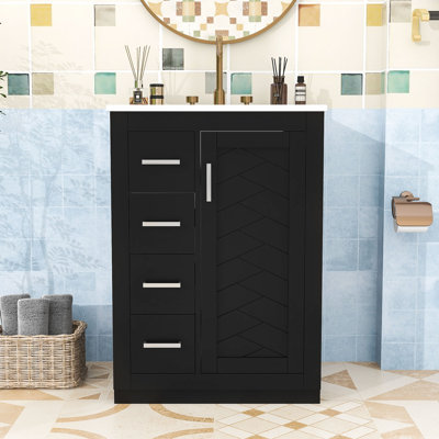 Meuble-lavabo compact de 24 pouces avec lavabo en céramique intégré et 3 tiroirs à fermeture en douceur