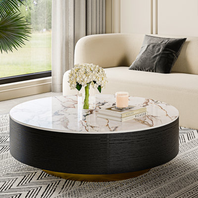  Drum Coffee Table, Sintered Stone Top, 2 Solid Wood Drawers, Fully-Assembled