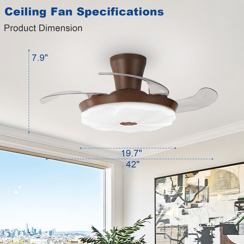 Ventilateur de plafond encastré en noyer de 42 pouces rétractable avec lumière, télécommande, 6 vitesses, flux d'air réversible, éclairage à intensité variable pour le salon