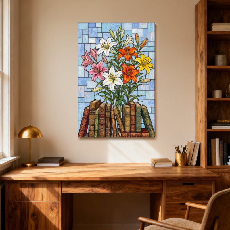 Plantes et fleurs, livres floraux, impression sur toile à motif de vitrail, H 40 po x l 28 po