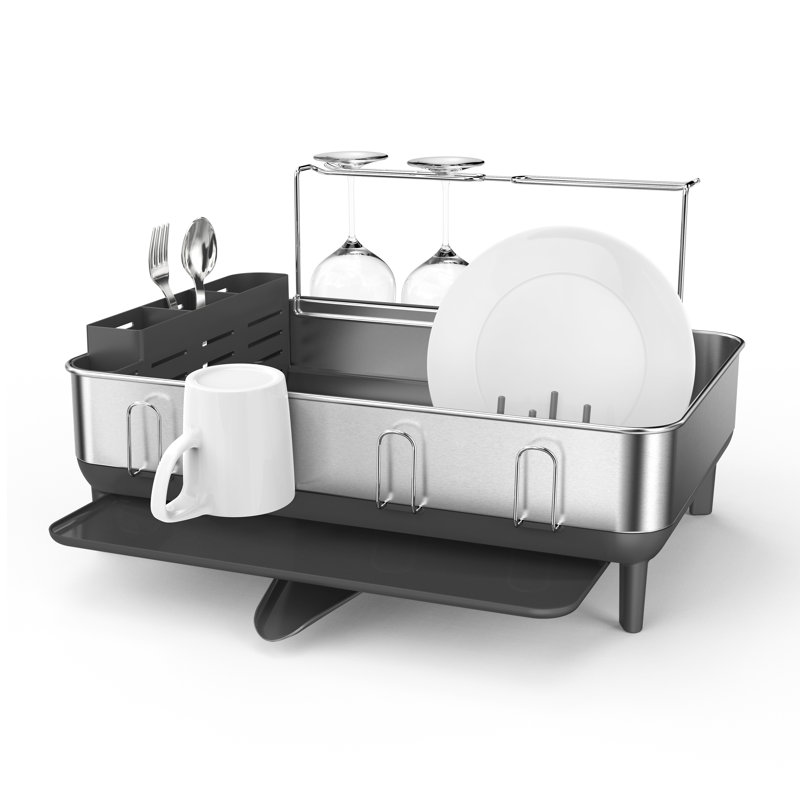simplehuman Kitchen Dish Drying Rack with Swivel Spout, Fingerprint-Proof Stainless Steel Frame, Brushed