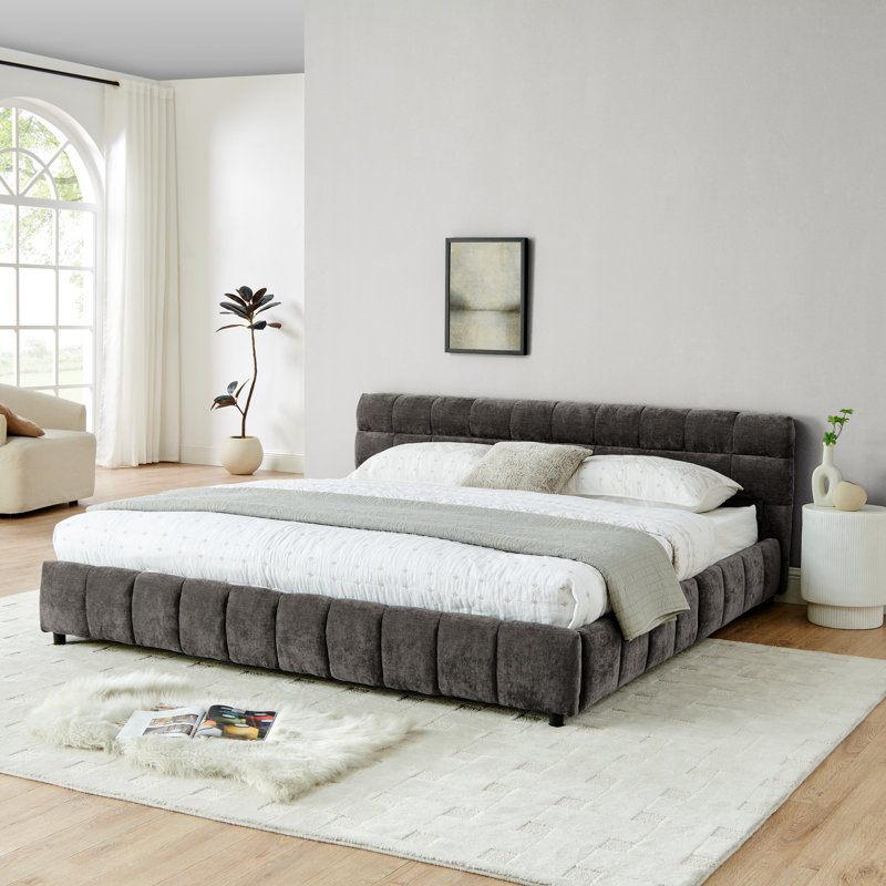 Très grand lit moderne gris foncé avec tiroir et côtés en tissu d'ameublement en chenille douce, Gris foncé
