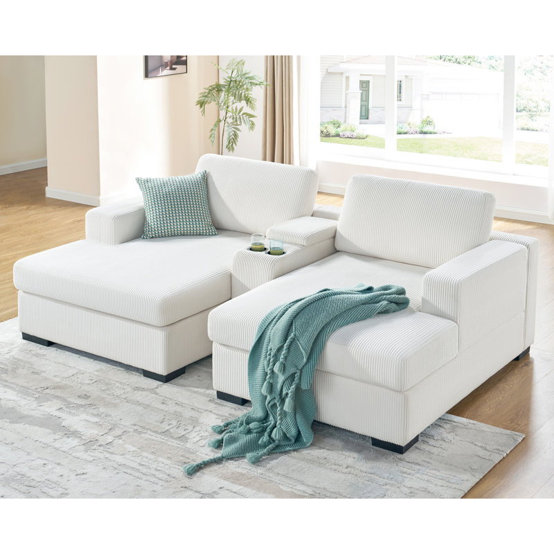 Grey 90-Inch Double Chaise Lounge Sectional Sofa, Oversized Couch with Storage Console & Charging Socket – Comfy Living Room Sofa