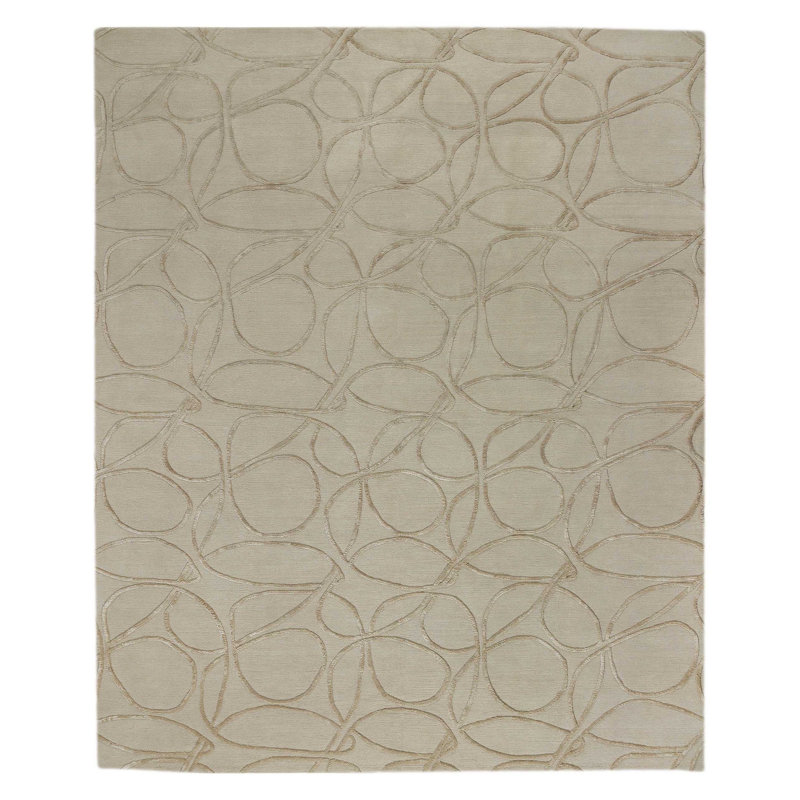 Clover Geometric Hand-Knotted Wool/Silk Beige/Neutral Area Rug, Rectangle 6' x 9', Gray