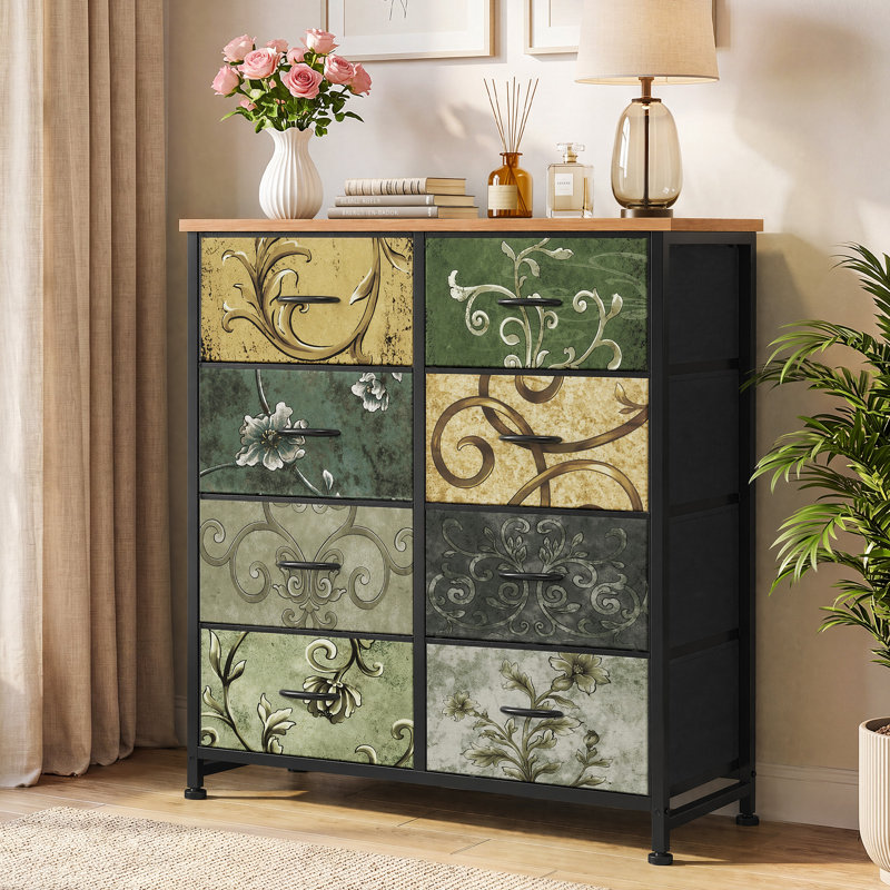 Ensemble de commodes larges en tissu, 8 et 9 tiroirs, pour chambre à coucher et rangement à domicile., Multicolor Flower