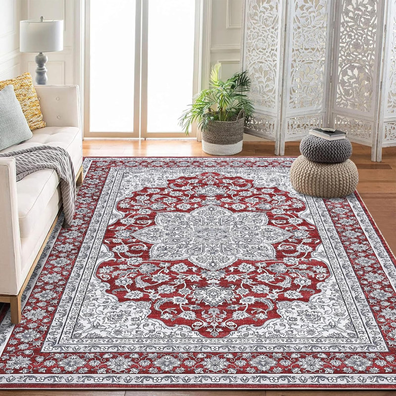Vintage Washable Area Rug, Floral Medallion, Soft Accent Carpet for Living Room, Bedroom, Entryway, Non-Slip, Low-Pile