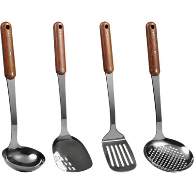 Stainless Steel Kitchen Utensil Set, 4-Piece Wok Cooking Tools With Wood Handles