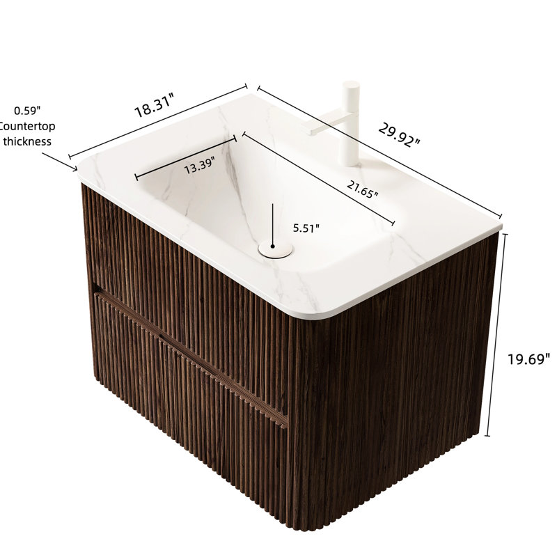 Ensemble de meuble-lavabo flottant 30 po à 2 tiroirs avec rangement en contreplaqué au fini noyer rétro style moderne avec lavabo style scandinave