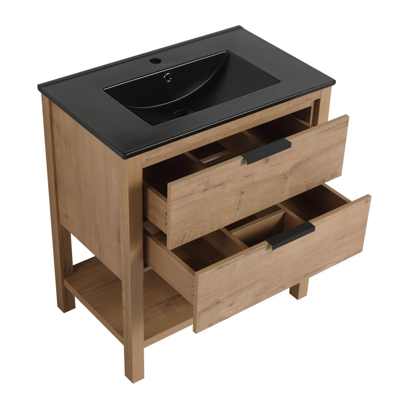 Armoire de salle de bain, autoportant, lavabo en céramique, contreplaqué, design moderne, instructions d'installation simple, tiroir de meuble-lavabo 30 po, armoire noire, méthode d'assemblage rapide
