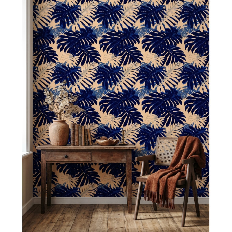 Navy Tropical Wallpaper Monstera Leaf Pattern, Peel and Stick