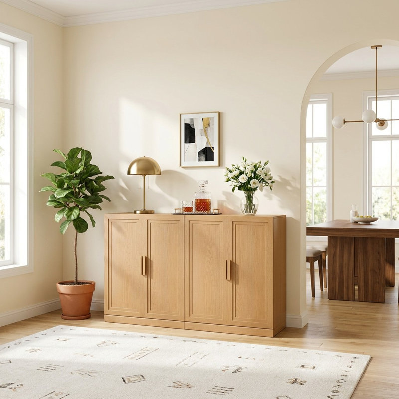 Wood Sideboard Cabinet with Adjustable Shelves, Natural Wood, 31'' H X 62'' W X 16'' D