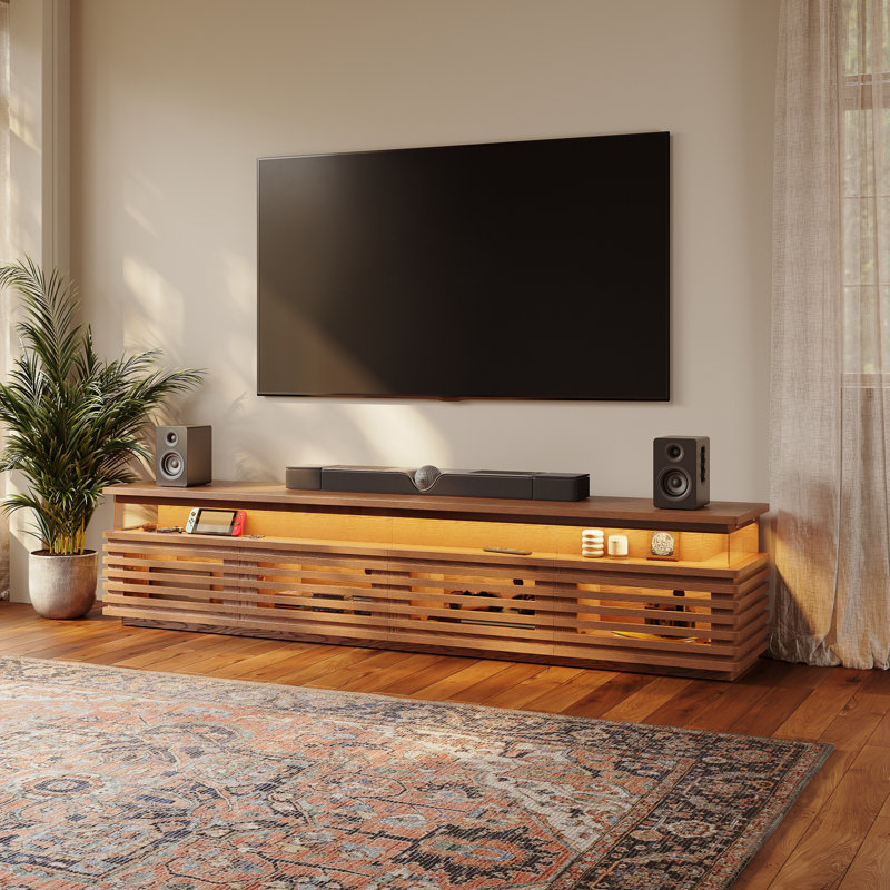 Console multimédia à lattes Selene avec éclairage DEL, aucun assemblage requis, H 20,47 po x L 94,49 po x l 17,72 po, Noyer
