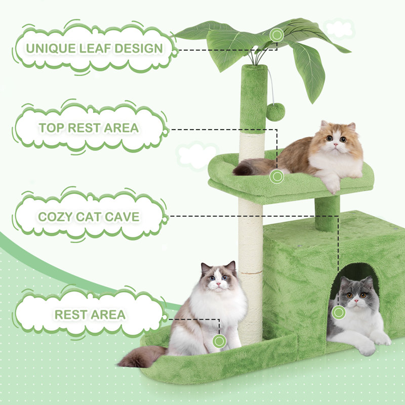 32" Green Cat Tree Tower with Leaf Design and Perch