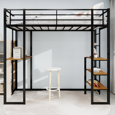 Iron frame bed with bed and table, children's and youth home bed with L-shaped desk, iron frame bed with railing and stairs, with stairs on both sides can be placed anywhere