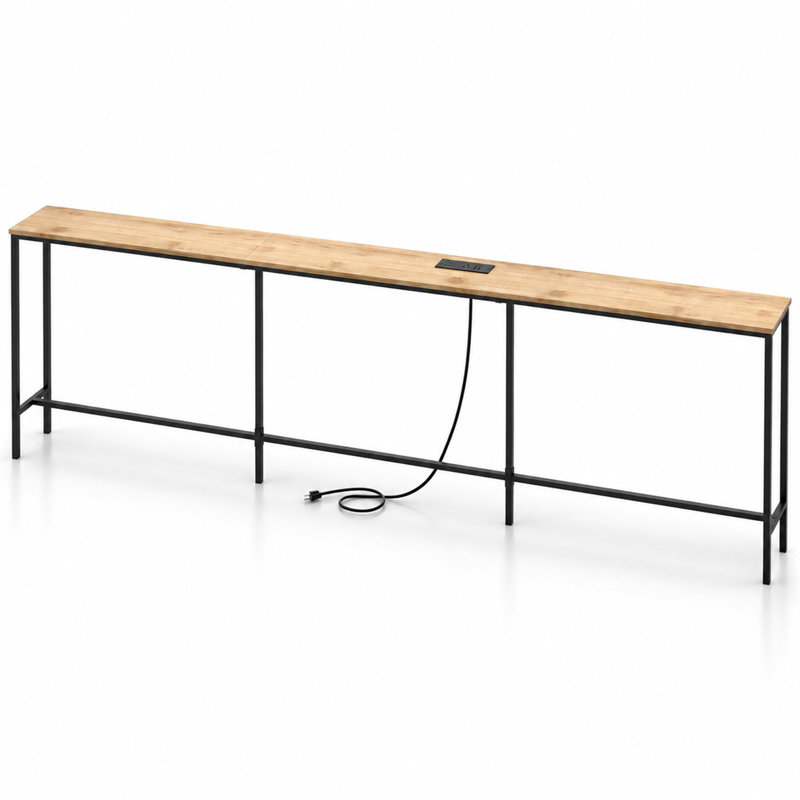 Console extra longue de 240 cm avec station de recharge, table d'entrée en chêne avec ports USB et prises électriques pour salon et couloir