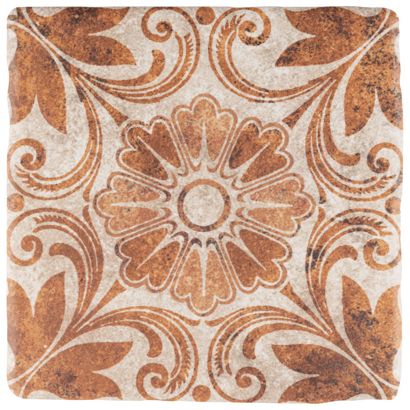 Costa 8" x 8" Ceramic Patterned Wall & Floor Tile, Matte Brown