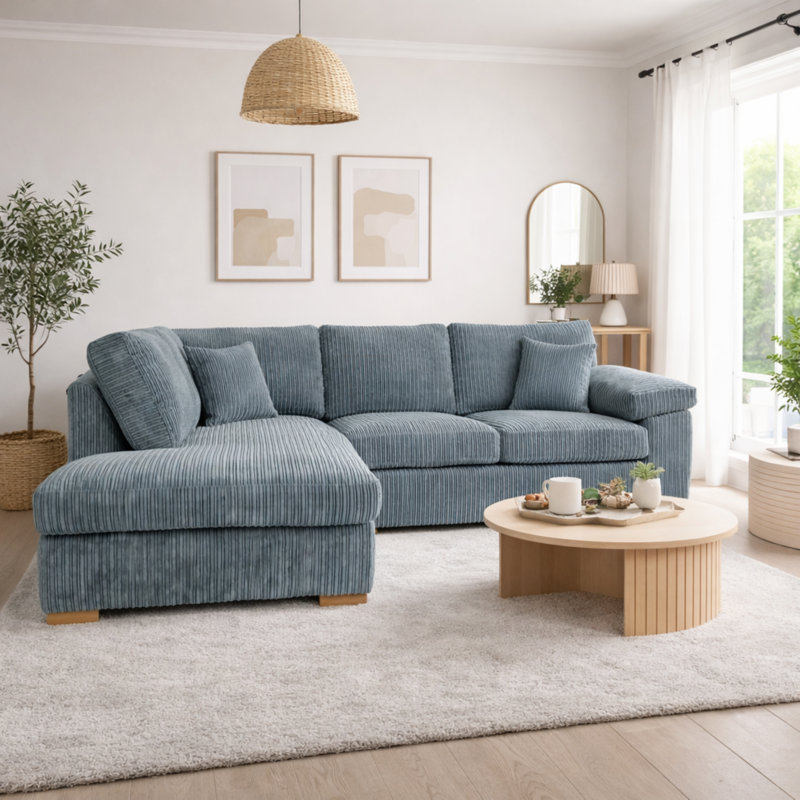4 Seater Corduroy Sofa & Chaise, Left Hand Facing, Grey