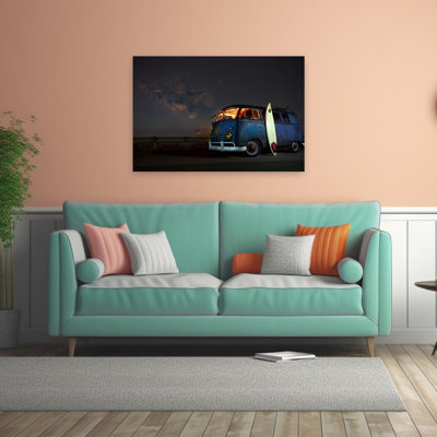 Affiche murale Surf Van sous les étoiles, paysage d'été rétro paisible et classique