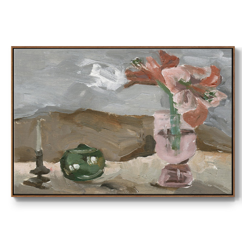Vase de fleurs roses II - impression, H 17 po x l 25 po x P 2 po, Toile encadrée noyer flottant