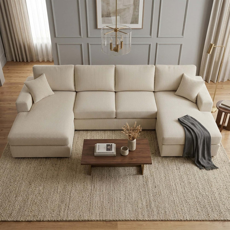 Canapé d'angle moderne en velours côtelé de 120 pouces avec double méridienne, forme en U symétrique, Crème
