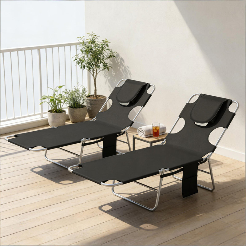 Folding Bed,Outdoor Chaise Lounge Chair,Adjustable Back Tanning Chair, Black, 2