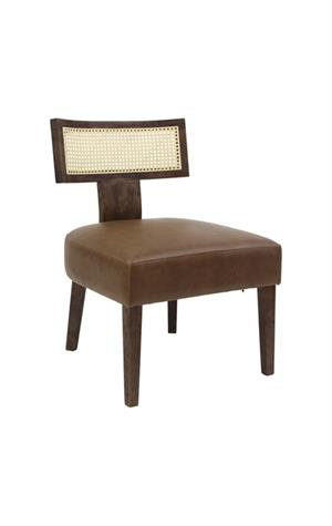 Chaise d'intérieur en bois d'hévéa avec dossier en canne tressée et assise en vinyle rembourré brun riche