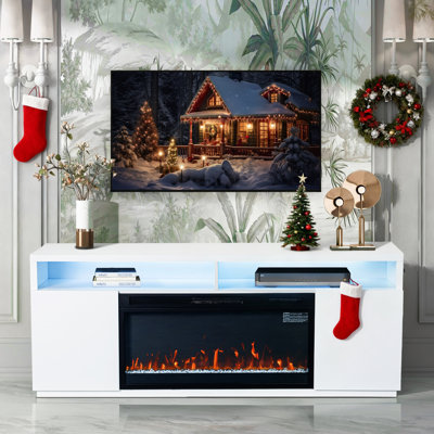 68" Media Console Fireplace TV Stand For TV Up To 78" with Electric Fireplace and LED Lights