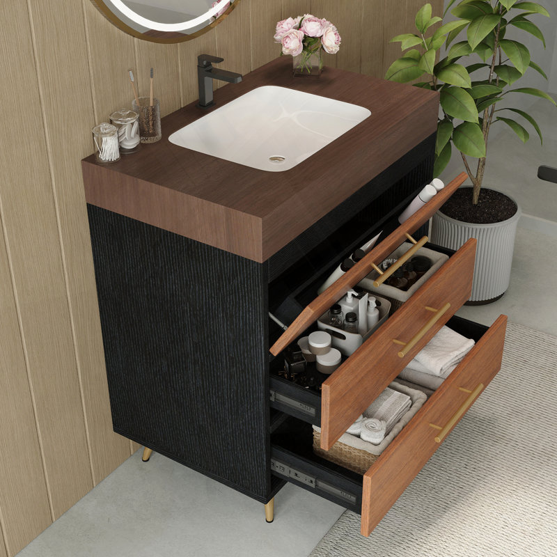 Meuble-lavabo autoportant moderne avec lavabo en céramique et plateau en pierre, Noir / or / noyer, Noyer
