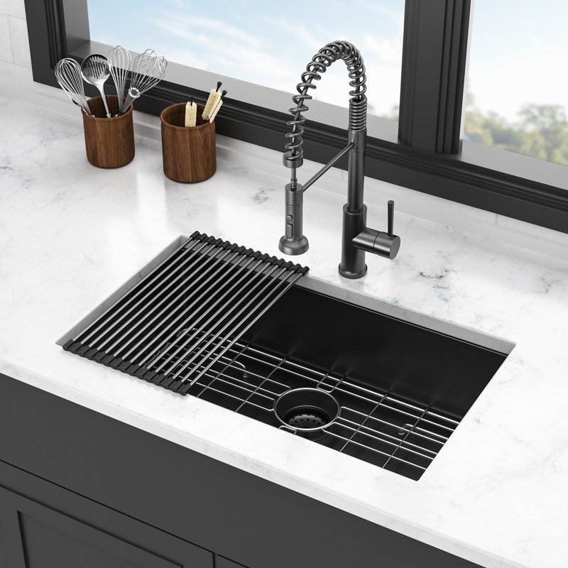 30"X18"X10" Undermount Sink In Gunmetal Black, Sus304 Stainless Steel, With Bottom Rinse Grid And Scratch Surface 30 Inch X 18 10 Black Sink, 16 Gauge Single Bowl For A Stylish Kitchen Look
