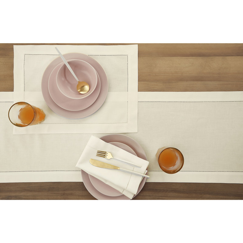 Cotton Linen Hemstitch Table Runner, Ivory, 156" x 14", Solid Color